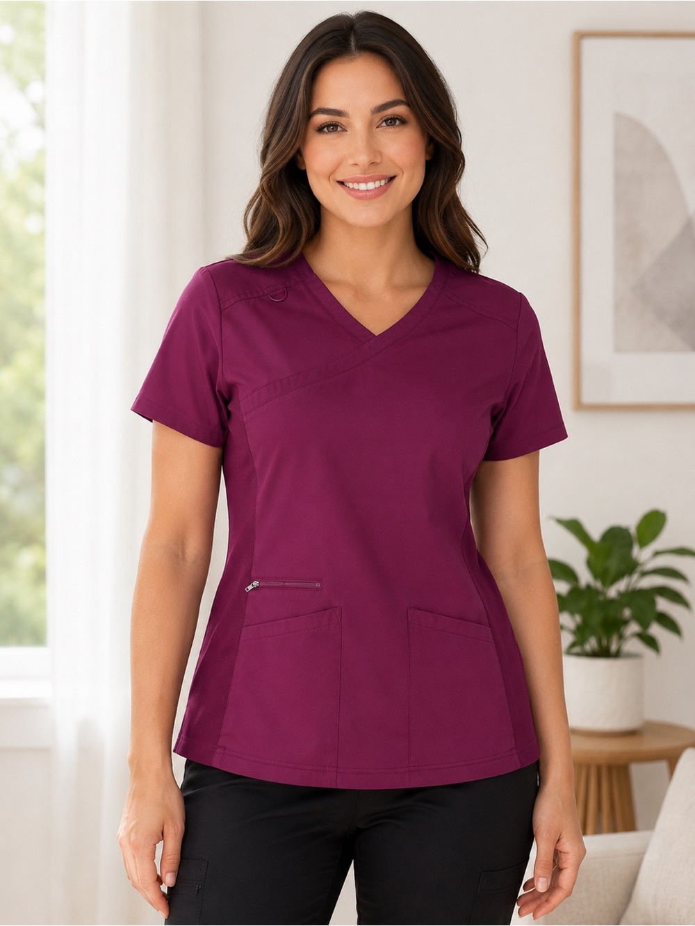 Dickies EDS Three-Way Stretch Scrub Top Women’s Large Burgundy V-Neck
